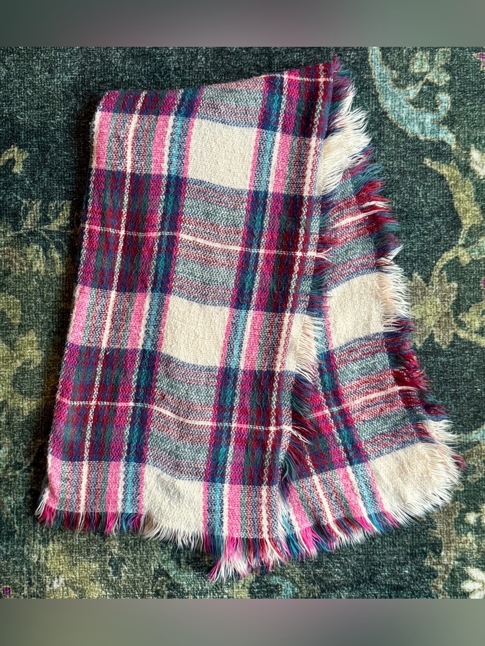 Oversized Square Plaid Blanket Scarf – Magenta Pink & Cream Fringe
